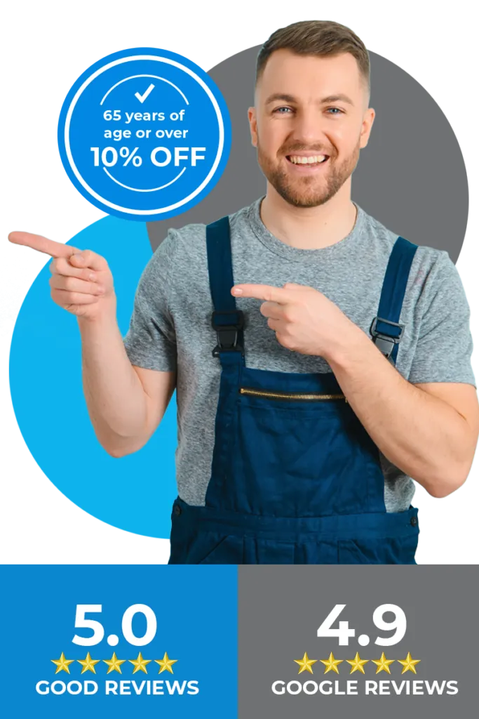 alt="Smiling electrician in safety helmet offering 10% discount for seniors above 65 years"